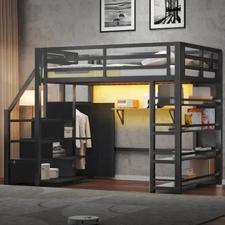 Hochbett mit Kleiderschrank, LED-Streifen, Rausfallschutz und Regal, 140x200cm, Treppe mit Schränken, und, Kinderbett, Metallbett