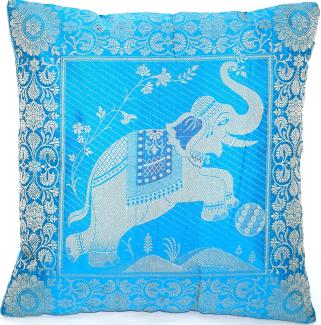 Handgewebter indischer Banarasi Seide Deko-Kissenbezug mit Extravaganten Elefant Design in Meeresblau - 40 cm x 40 cm