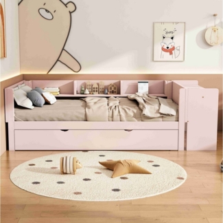 BlingBin Kinderbett Polsterbett Einzelbett mit ausziehbarem Bett (1-tlg, mit ausziehbarem bett und Schreibtisch, 3Regale), Rosa, Pine+MDF, 90x200cm