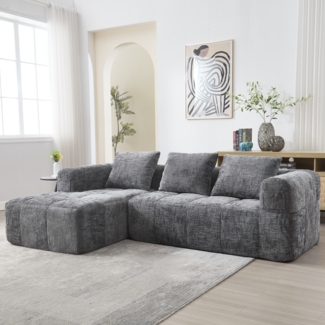L-Form Sektionssofa, 250x158x60 cm, Grau, Chenille, mit 3 Kissen & Seitentaschen, montagefrei