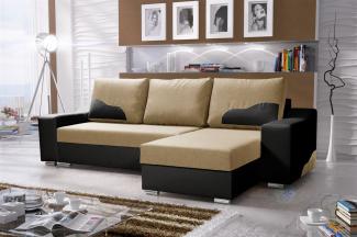 Ecksofa Sofa COLLIN mit Schlaffunktion Schwarz / Beige Ottomane Rechts