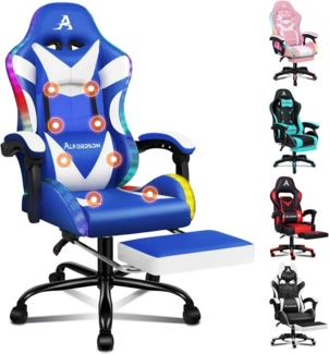 Massage Gaming Stuhl LED 150° Neigung Chefsessel Fußstütze höhenverstellbar Blau