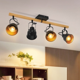 ZMH Deckenstrahler 4 Flammig Schwarz: Deckenlampe Vintage Schwenkbar 350 MAX. 25W E14 Fassung Industrial Holzmaserung Spotbalken fr Wohnzimmer Schlafzimmer Bro (ohne Leuchtmittel)