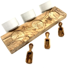 Olivenholz-erleben Dipschale 3er Gewürz- und Dip-Schälchen mit Schippchen, Stilvolle Schalen auf Olivenholz – perfekt servieren