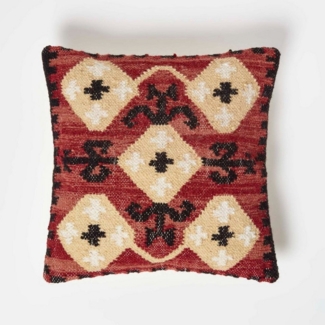 Homescapes Dekokissen Kelim-Kissen Tirana rot-gelb-schwarz – Kissen 45x45 cm mit Füllung