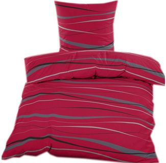 KH-Haushaltshandel Bettwäsche 2-tlg. Bettwäsche Biber Winter Bettwäsche 135 x 200 +80x80cm, Wellen, Biber, 2 teilig, rot grau, flauschig weich, warm, Baumwoll Mischgewebe
