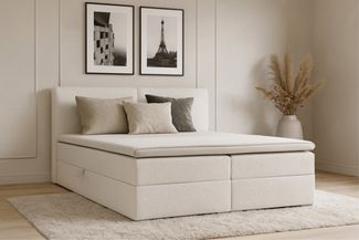 Deine Möbel 24 Boxspringbett LINA Polsterbett Kompletbett Matratzen H3 / H4 (inkl. Topper und Bettkasten, 1-St, Bouclé-Bezug, Farben: Weiß, Creme, Hellgrau, Grau, Schwarz), 140x200 160x200 180x200 200x200