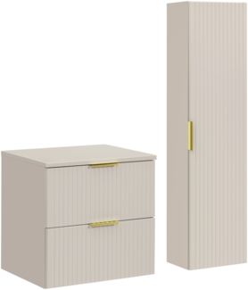 ADEL CASHMERE Badmöbel-Set 60 cm mit Waschtischplatte und Hochschrank (46x60cm), Kaschmir matt