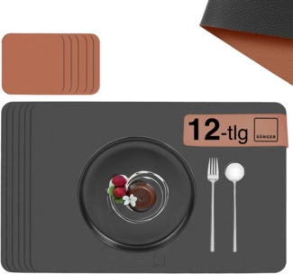 SÄNGER rechteckige Tischsets & Untersetzer aus Kunstleder 12 teilig für 6 Personen, Anthrazit + Braun