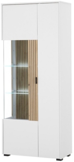 Lomadox Vitrine HUNTER-61 Vitrine Standvitrine weiß matt Eiche gerillt Beleuchtung 75x180x38 cm