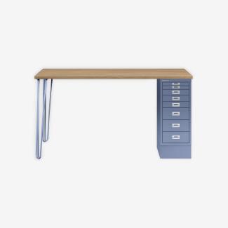 MultiDesk, 2 Stahlfüße, 1 MultiDrawer mit 8 Schüben, Dekor natürliche Eiche, Farbe Blau, Maße: H 740 x B 1400 x T 600 mm