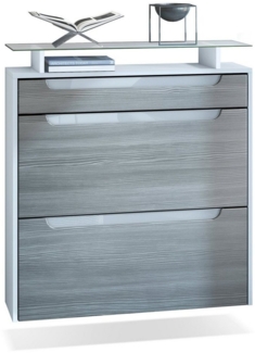 Vladon Schuhschrank Annie, Schuhkipper für 16 Paar Schuhe mit 2 Klappen, 1 Schublade und Glasablage, Weiß matt/Avola-Anthrazit/Weiß Hochglanz (89 x 96 x 23 cm)