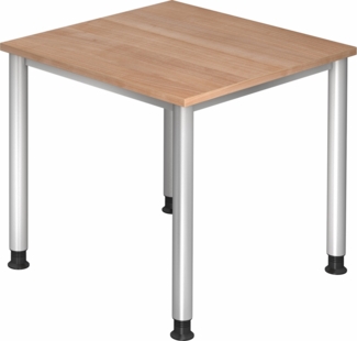 bümö höhenverstellbarer Schreibtisch H-Serie 80x80 cm in Nussbaum, Gestell in Silber - PC Tisch klein für's Büro manuell höhenverstellbar, Computertisch verstellbar, HS-08-N