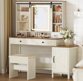 VASAGLE LIRY Kollektion - Schminktisch mit Spiegel und Beleuchtung, Frisiertisch im Landhausstil mit Hocker, Ladestation, 2 Schubladen, Schmuckaufbewahrung, vintageweiß-honigbraun