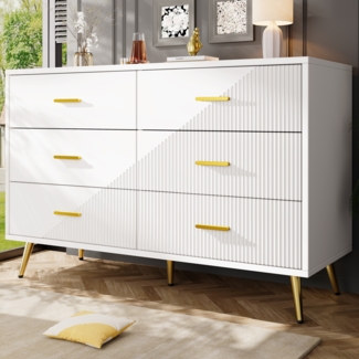 Weiß Sideboard 120×40×75 cm, MDF Aufbewahrungsschrank mit 6 Schubladen, 3D-Schranktüren, Kippschutz inklusive, elegan