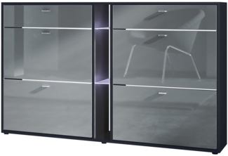 Schuhschrank Schuhkipper Today 155,5 x 95 x 28 cm mit weißer LED Beleuchtung, Korpus in Schwarz matt, Fronten in Grau Hochglanz