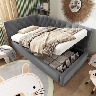 Ulife Polsterbett Einzelbett Kinderbett Daybett Schlafsofa mit hydraulischem Stauraum (Ohne Matratze), Jugendbett Bettgestell mit Lattenrost aus Holz, Samt