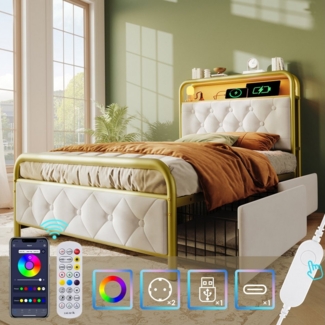 STILVORA Polsterbett Stauraumbett 90×200 Bettgestell Jugendbett mit LED-Beleuchtung, USB-C (Einzelbett, 90×200CM, mit Bettrahmen und 2 Schubladen, ohne Matratze), mit aufladen USB Type C Ladefunktion APP-Control LED