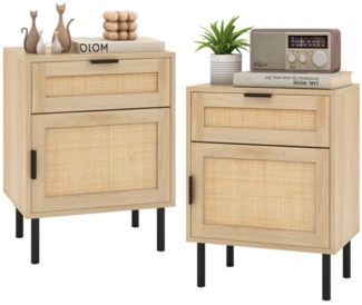 COSTWAY Nachttisch (2-St), Rattan Beistelltisch, Sofatisch, mit Schublade & Schrank