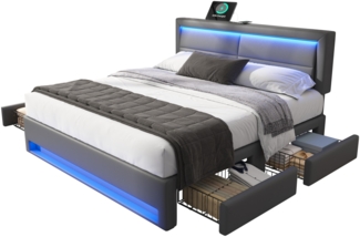 Polsterbett 160x200 cm, PU-Grau mit USB-Push, LED-Beleuchtung und vier Schubladen,Grau