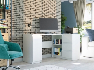 Home Collective Eckschreibtisch mit 3 Schubladen, 1 Tür und Einlegeboden, 150x87x76 cm, Weiß