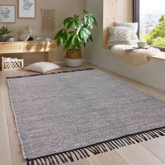 TaraCarpet Wollteppich Handwebteppich Borkum 100% Baumwolle, rechteckig, Höhe: 5 mm, gewebt Baumwolle grau nachhaltig modern Wohnzimmer Küche 080x150 cm