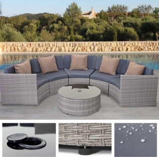 Poly-Rattan Garnitur rund HWC-E17, Garten-Set Sitzgruppe ~ grau, Polster dunkelgrau, Kissen beige