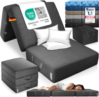 KESSER® Klappmatratze Gästematratze 3-fach Faltmatratze faltbar zum Sitzhocker | Schaumstoff 25kg/m³ extra dick 15cm atmungsaktiv waschbar abnehmbarer Bezug | Matratze inkl. Camping Tragetasche Anthrazit, 75 x 195 x 15 cm