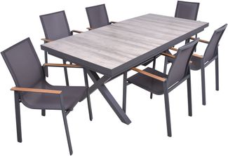 Garten-Sitzgruppe JANA 7-tlg. - Alu/Keramik, Eiche-Optik, Grau | Gartenmöbel-Set Gartengarnitur Garten-Essgruppe mit Stapelstühlen F und Esstisch