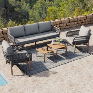 Gartenlounge-Set Outdoor-Möbelset, 5 -tlg. 3er Sofa, 2 Sessel und 2 Couchtische, WPC Tischplatte, Holzmaserung Lack, verzinkter Stahl