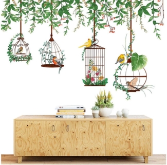 ZEUOPQ Wandtattoo Wanddekoration Tropische grüne Pflanzen, Blätter, Vogelkäfig (Kinderzimmer, Eingang, Wohndekoration), Wandaufkleber, selbstklebend