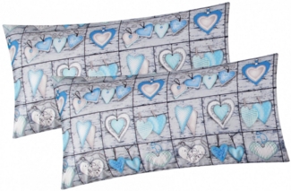Heubergshop Kissenbezug, (2 Stück), 2er Set 40x80 cm Herzen Landhaus Blau Kissenhülle Baumwolle (358/2)