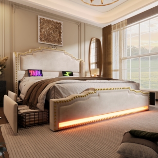 Polsterbett 160x200 cm aus Samt mit Stauraum, LED-Beleuchtung und USB- & Type-C-Anschlüssen