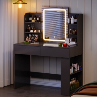 HOMALL Schminktisch mit Spiegel, LED-Beleuchtung, einstellbare Helligkeit, 2 Schubladen (L*B*H) 90*40*135 cm 8 offene Fächer (2 Seitenfächer können von links nach rechts umgestellt werden) 2 große Schubladen)