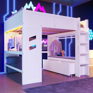 Hochbett mit Schreibtisch, Stauraum und LED-Beleuchtung, 140x200 cm, Kinderbett mit Rausfallschutz und Leiter, Kiefer