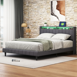 Polsterbett 140x200cm mit USB und Led, Doppelbett Massivholzbett mit Lattenrost und Kopfteil mit Stauraum, Leinen, Grau