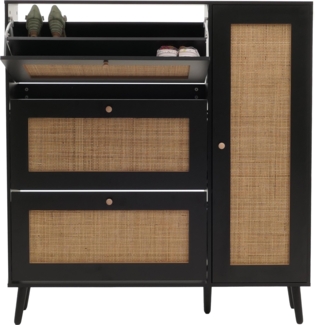 Rattan-Schuhkipper HWC-M37, Schuhregal Schuhschrank, 3 Kippfächer 2 Regalböden 127 x 120 x 24 cm Holz Melamin ~ schwarz