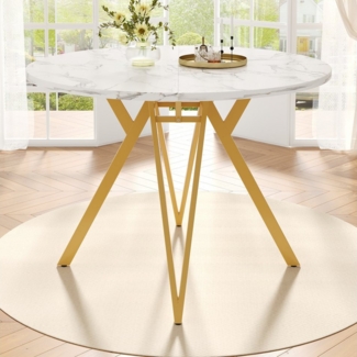 KLAM HOME Esstisch Runder Esstisch (100×100×76cm), Küchen-Esstisch, runder Couchtisch (stilvolle Tischbeine aus Metall, Tischplatte aus MDF-Marmor, Gold), geeignet für Esszimmer, Wohnzimmer
