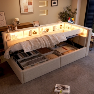 Merax Polsterbett Einzelbett 90 × 200 cm, Daybett, Schlafsofa, mit USB + Typ-C-Anschlüsse, hydraulische Aufbewahrungsfunktion, mit LED, Leinen, beige