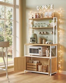 VASAGLE Küchenregal mit Steckdosen, Küchenschrank, 40 x 80 x 170 cm, Standregal mit 8 Haken, goldeichenfarben-weiß