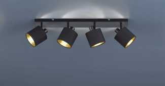 LED Deckenstrahler 4-flammig Schwarz, Stoffschirme Schwarz Gold, Breite 70cm