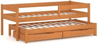 WNM Group Kinderbett Ausziehbar JULA mit Rausfallschutz und Lattenrost - Bett mit Schubladen - Ausziehbett für Jugendliche - Jugendbett - Funktionsbett - Teak - 80x160 70x150