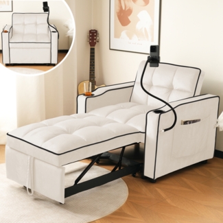 Merax 3-in-1 Ausziehbares Einzel-Schlafsofa – Mit Getränkehaltern und Handyhalter, Sofa-Liegestuhl, Schlafstuhl, Sessel, Beige