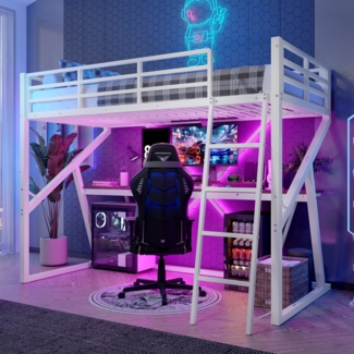 Hochbett, Eisenrahmen LED-Leiste Geländer Treppe Schreibtisch ohne Matratze,Weiß, 90 x 200 cm