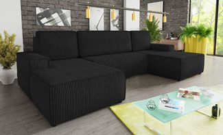 Wohnlandschaft mit Schlaffunktion Totti - U-Form Couch, Schlafsofa mit Bettkasten, Couchgranitur mit Bettfunktion, Big Sofa, Cord Stoff, Wohnzimmer (Schwarz (Poso 135))
