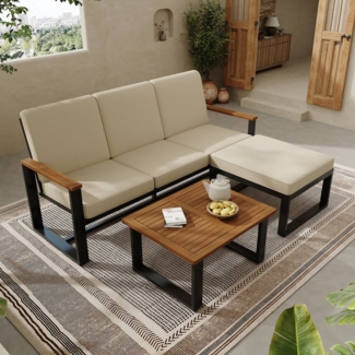 Merax Gartenlounge-Set aus Akazienholz und verzinktem Stahl, (3-tlg, Sitzgruppe Balkonmöbel Terrassenmöbel), 4-Sitzer Gartenmöbel-Set mit 3-Sitzer-Sofa, Hocker & Couchtisch, Beige