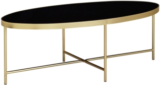 Design Couchtisch Glas Schwarz - Oval 110x56 cm mit Gold Metallgestell, Großer Wohnzimmertisch, Lounge Tisch Glastisch