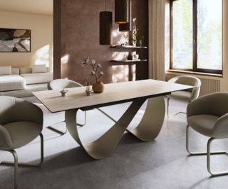 Esstisch Edge 180-220x100 Keramik Laminam® Travertino Bianco Creme-Weiß Infinity Metall Effektfinish Titan ausziehbar