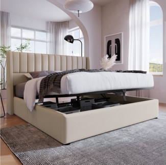 STILVORA Polsterbett 180x200 Hydraulisch Doppelbett mit Stauraum&Lattenrost aus Metallrahme (180x200cm Beige Leinen ohne Matratze), Bett mit Lattenrost aus Metallrahmen, Lattenrost aus Holz