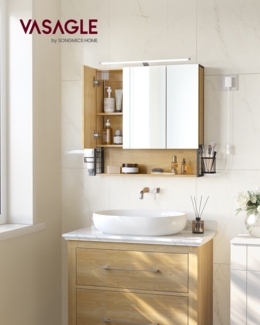 VASAGLE Badezimmerschrank mit LED-Beleuchtung, 14,5 x 70 x 70 cm, Stecker, Hängekorb, Haartrockner-Halter, Spiegelschrank, Badschrank, Wandschrank, für Badezimmer, natureichenfarben